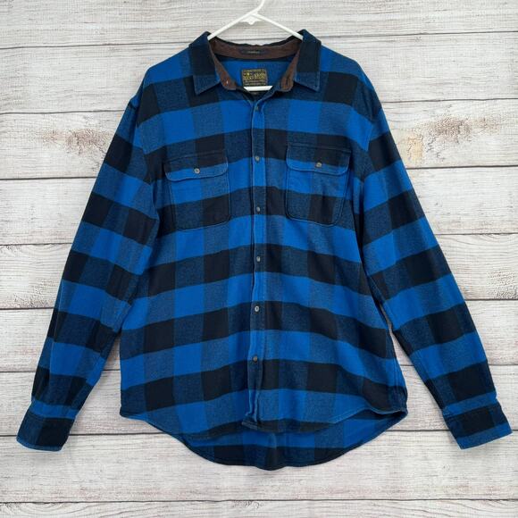 Lucky Brand Saturday Stretch Plaid Flannel Shirt Mens XL Blue Classic Fit - Picture 1 of 14